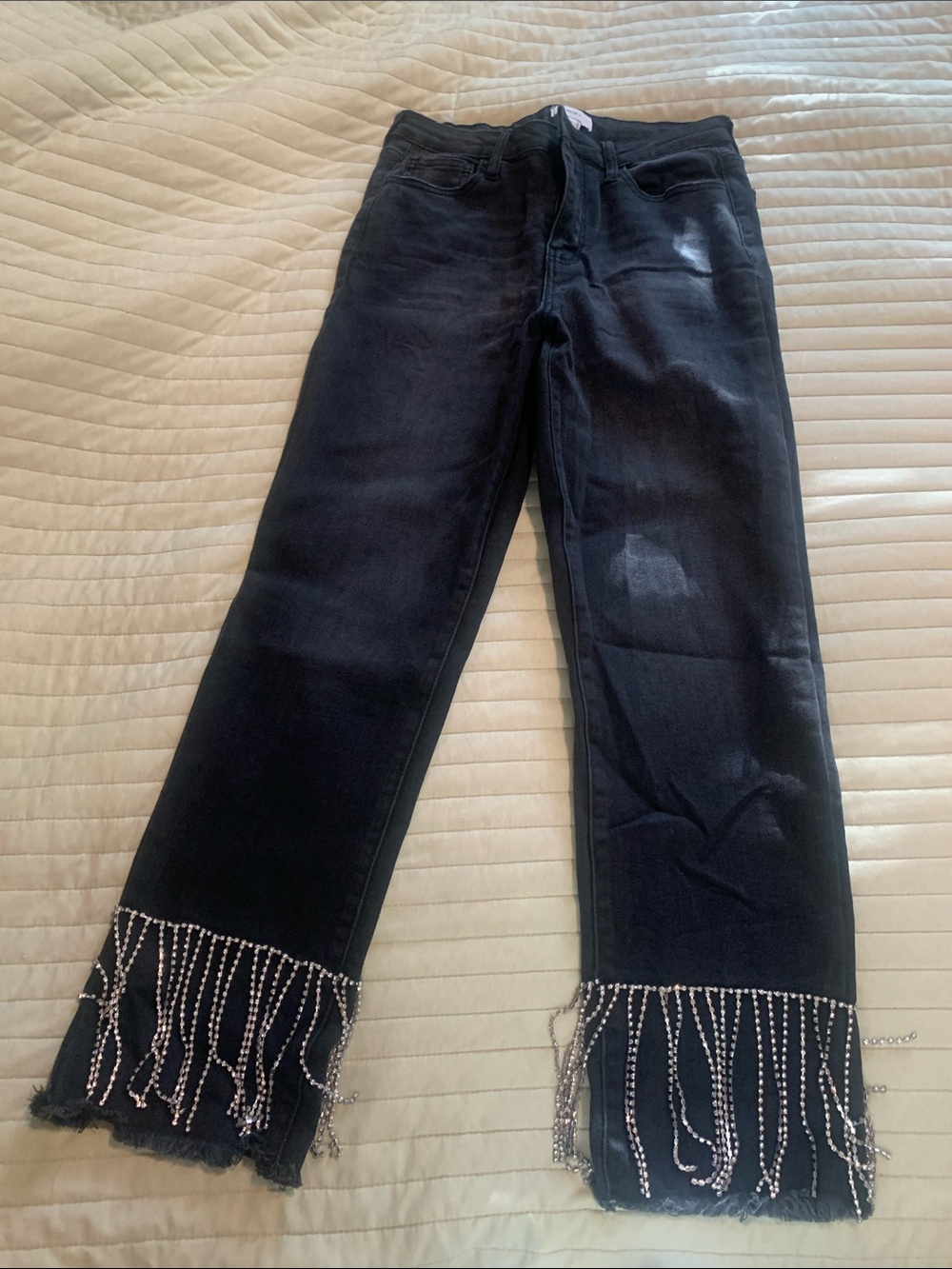 Forever 21 Black Flare Jeans with Rhinestone Fringe Hem